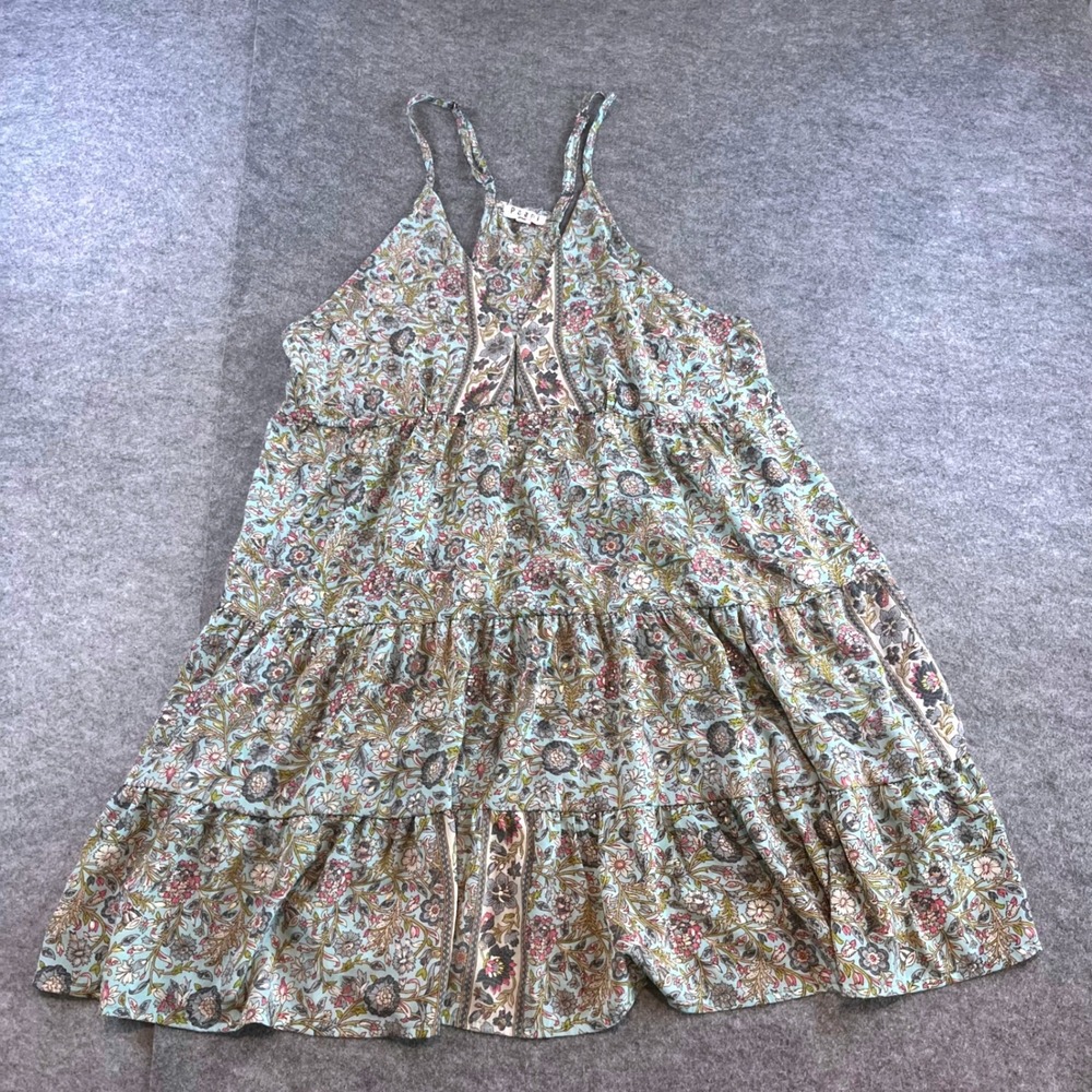 Paani Women Floral Tiered‎ Mini Dress Blue Boho Cottagecore L Pockets Metallic